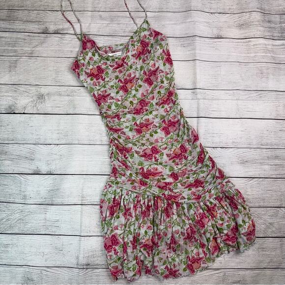 Diane Von Furstenberg 100% Silk Floral Fit Flare Dress Ruching Flutter Skirt 10 - Picture 1 of 9